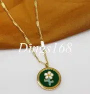 18K Yellow Gold Filled 15mm Green Flower Round 16"+2.4" 1mm Rollo Chain Necklace