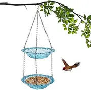 Hanging Bird Bath for Outdoor, 2-in-1 Bird Feeder&Birdbath Bowls, Backyard Birdbath Garden Decor, Feeder and Drinking for Wild Backyard Attracting Birds (Blue-Doulbe Bath)