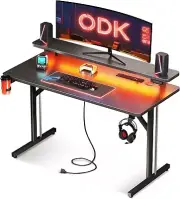 ODK Gaming Desk with LED Lights & Power Outlets, Computer Desk Gaming Table with