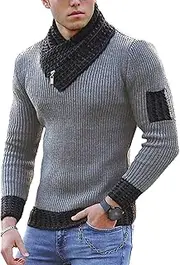[Qolkmuiy-GJ] Mens Knit Shawl Collar Sweater Trendy Textured Ribbed Edge Pullover Casual Relaxed Fit Cable Pullovers