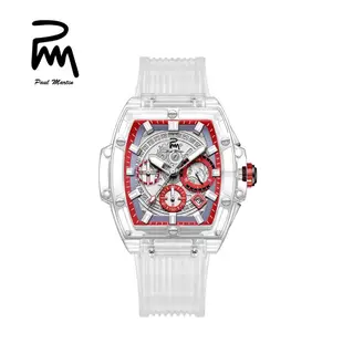 Paul Martin 保羅馬丁英國品牌酒桶型透明外框時尚潮流機械透明膠紅框腕錶