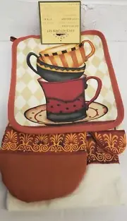 3 pc SET: 1 POT HOLDER, 1 TOWEL & 1 OVEN MITT, STACK OF COFFEE CUPS, Sunrise