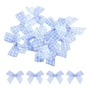 10Pcs Mini Gingham Ribbon Bow 1.5" Checkered Fabric Satin Light Blue and White