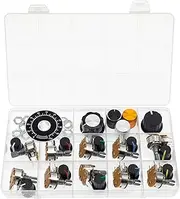 (Pack of 10) WH148 Horizontal Single Turn 5 Pins Potentiometer with Switch B100K 100K Ohm Variable Resistors 15mm knurled Shaft Aluminum Alloy Knob Caps