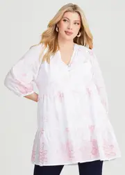 [Virtuelle] Taking Shape Cotton Embroidered Tunic Size 16 in White / Pink Icing - Plus Size Women's Clothing White / Pink Icing