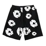 Summer Men Shorts Flower Print Drawstring Elastic Waist Loose Pockets Pleated Vacation Beach Sport Casual Homewear Short Pants black S