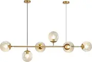 Chandelier 6-Light Ceiling Pendant Lighting Mid-Century Glass Globes Sputnik Pendant Lamp Hanging Adjustable Chandelier for Kitchen Island Living Dining Room (Color : Gold+Amber) charitable