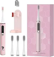Sonic Electric Toothbrush, Couple's Toothbrush, USB Charging, 4 Interchangeable Brush Heads, 1 Toothbrush Holder, Blue/Pink (Pink)