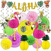 Hawaiian Party Decorations, 24 Pcs Flamingo Party Supplies, Flamingo and Pineapple Honeycomb Ball Paper Lanterns Paper Fans Pom poms Flowers Luau Hanging Swirls Aloha Banner for Luau Party decorations