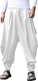 [YAOHUOLE] Men Hippie Harem Pants Baggy Linen Boho Yoga Casual Drop Crotch Trouser White 2XL