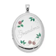 Sterling Silver Rhod-Plated Enameled Floral Grandma 34mm Oval Locket
