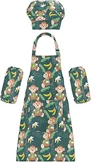 AIXIWAWA Kids Apron Chef Hat Set, Child Kitchen Bib Aprons Adjustable for Cooking Baking Painting (Cute Monkey Cartoon)