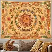 Accnicc Yellow Sun and Moon Tapestry Vintage Indie Boho Tapestry Wall Hanging with Sunflowers Butterfly Moth Constellation Aesthetic Wall Tapestries for Bedroom Dorm Living Room (Orange, 50'' × 60'')