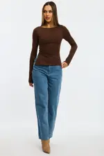 Brown Top Long Sleeve Boat Neck Side Split - Size 6XXS, Women's T-shirt