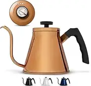 Stovetop Gooseneck Tea Kettle with Thermometer, Kook, 27 Oz, Tea Pot, for Pour Over Coffee & Tea, Temperature Gauge, Electric, Compatible for Gas Stovetop, 3 Ply Stainless Steel Base, (Copper)