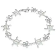 Classic Women's Bracelet Sterling Silver White Opal Flower Tortoise Link, 7 inch