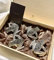 L’Objet Metal Frog Napkin Rings With Green+Red Swarovski Crystals, S/4, NIB