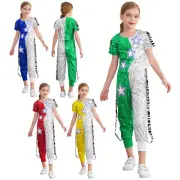 Kids Girls Modern Hip Hop Dance Costume Sequins T-Shirt and Pants Performance