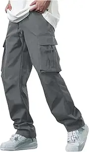 Mens Casual Cargo Pants Stretch Wide Leg Work Hiking Pants Drawstring Hip Hop Streetwear Lightweight Outdoor Trousers