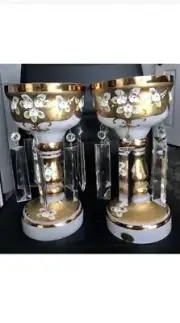 ANTIQUE LOOK BOHEMIAN CZECH MOSER GLASS 2 CANDLE HOLDER WITH PRISM CRYSTALS