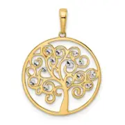 14k Yellow Gold & White Rhodium Shiny-Cut Tree of Life Pendant M3008