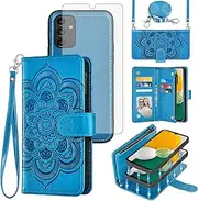[Asuwish] Phone Case for Samsung Galaxy A14/M14 5G Zipper Wallet Detachable Cell Cover with Tempered Glass Screen Protector Crossbody Strap Mandala Flower Card Holder A 14 4G 14A 14M G5 Women Girls Blue
