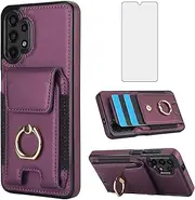 [Asuwish] Phone Case for Samsung Galaxy A14/M14 5G with Tempered Glass Screen Protector Wallet Cover and Slim Ring Stand Card Holder Leather Credit Cell Accessories A 14 4G 14A 14M G5 Women Men Purple