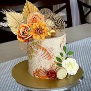 10PCS Boho Cake Topper Flower Cake Topper Gold Palm Leaves Cake Decorations with Artificial Cotton Rose Ginkgo Leaves and Balls for Birthday Party Wedding Baby Shower Boho Themed Party Supplies