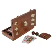 Wooden Playing Card Box with 5 Dice, 28 Dominoes and 1 Deck of Card Game Set