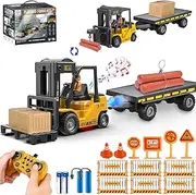 VWAHNANA RC Forklift Toy with Trailer, Kids Forklift Construction Toys Set with Flatbed Truck & Crane Toy Hook, 2 Battery/Spray/Light, Remote Control forklift Toys for 3 4 5 6 7 8 9 Year Old Boys Gift
