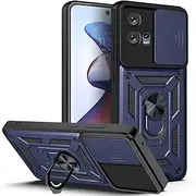 [UPLAI] Armor Case for Motorola Edge 30 Fusion 5G, Ultra Thin Shockproof Silicone Cover with Slide Camera Cover and Magnetic Ring Kickstand, PC + TPU Durable Cover.Blue