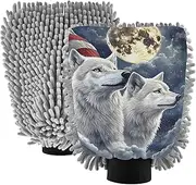 XYMZR Wolf America Moon Absorbent Microfiber Car Wash Mitt, Funny Cute Anime Scratch Free for Cars Cleaning, Home Cleaning Mitts, 2 Pack, 10.24” L x 7.09” W