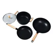 3Pcs Frying Pan Iron Pot Wooden Hand Non Stick Stirring Frying Stockpot