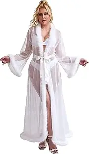 [sunshinelady] Women's Dressing Gown Long with Feathers Fur Maxi Large Sizes for Chubby Women Sexy Kimono Robe Bathrobe Negligee Women's Lingerie with Belt Transparent Elegant XS - 4XL