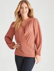 Rockmans Long Sleeve Wrap Front Top - Size 20 - Womens - PINK