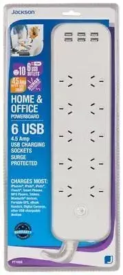 Jackson PT1055 10 Way Surge Protected Power Board 6 x USB Mobile Charging Ports