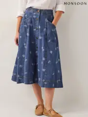 Monsoon Blue 100% Cotton Harper Denim Daisy Midi Skirt (W27509) | $150