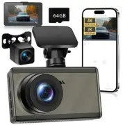 4K Dash Cam Front and Rear Ultra HD Dual Dash Camera for Cars 4K+2K 3'' IPS S...