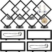 JINGIHE 12Pcs Floating Frame Display Case, Challenge Coin Display Holder with Base, 3D Transparent Jewelry Storage Box for Ring Earring Necklace Bracelet Collectibles Shell Crystal (3 Size, Black)