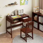 CostwayWooden Children Study Table and Chair Set with Storage Drawer and Hutch-Brown