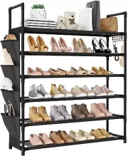 6 Tier Shoe Rack Storage 24-30 Pairs Boot Organizer Hook Side Pocket Free Closet