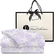 [Signature Hotel Collection] Queen Sheet Set - 4 Piece Soft Sheets - Hotel Luxury, Easy Care - Includes Flat Sheet, Fitted Sheet, & 2 Pillowcases California King Hotel Sheets, Floral Lavender