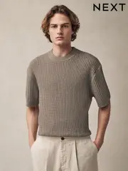 Neutral Relaxed Fit Cotton Rich Short Sleeve Bouclé Knit Crew T-Shirt (E99831) | $58