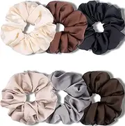 IVARYSS Big Scrunchies for Women Thick Hair, Premium Satin Softer than Silk, XL 6 Inch Extra Large Scrunchy Elastic Hair Bands Accessories, 6 Pack, Neutral