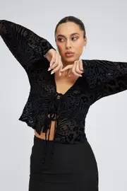 Black Top Long Sleeve Tie front Burnout - Size 8, Women's Top