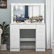 Dressing Table with Lighted Mirror, Large Makeup Vanity Desk with Built - in 11 Bulbs and 7 Drawers, 3 Color Lighting Modes Adjustable Brightness,White Vanity Table for Women Girls