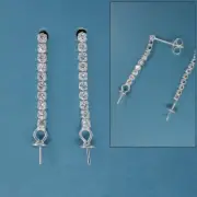 Sterling Silver Cubic Zirconia Pave Flexible Chain Stud Earrings Cap Pin #33541