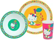 FUN HOUSE 005988 Hello Kitty Dinner Set consisting of a Flat Plate Ø 22 cm, a Soup Plate or Bowl Ø 16 cm and a Glass 220 ml for Children