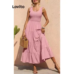 Lovito 波西米亞女式素色縮褶連身裙 LNL46031
