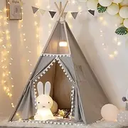 Teepee Tent for Kids with Padded Mat, Grey Foldable Play Tent with Carry Bag for Indoor Outdoor, Pompom Lace Cotton Canvas Playhouse Tipi for Girls Boys